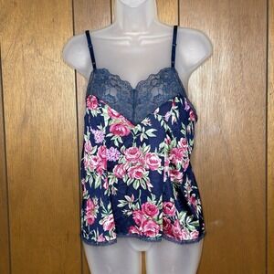 Vintage Y2K Vassarette Babydoll Cami Top Women L Navy Floral Lace Lingerie Fairy